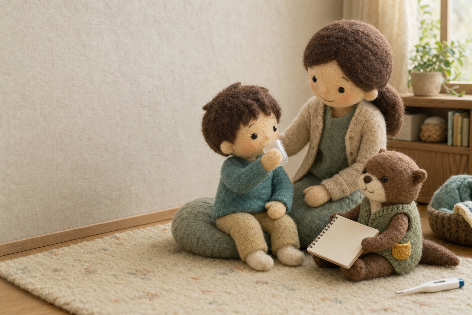 水分をとる子どもと見守る保護者