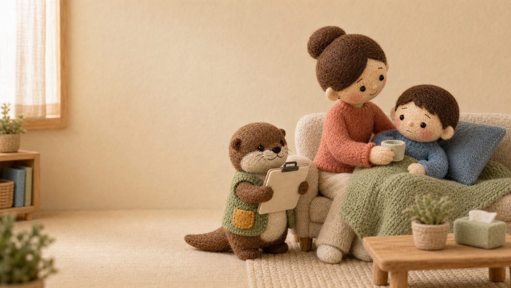水分を少しずつ取る子どもを見守る保護者とフェルトのカワウソ
