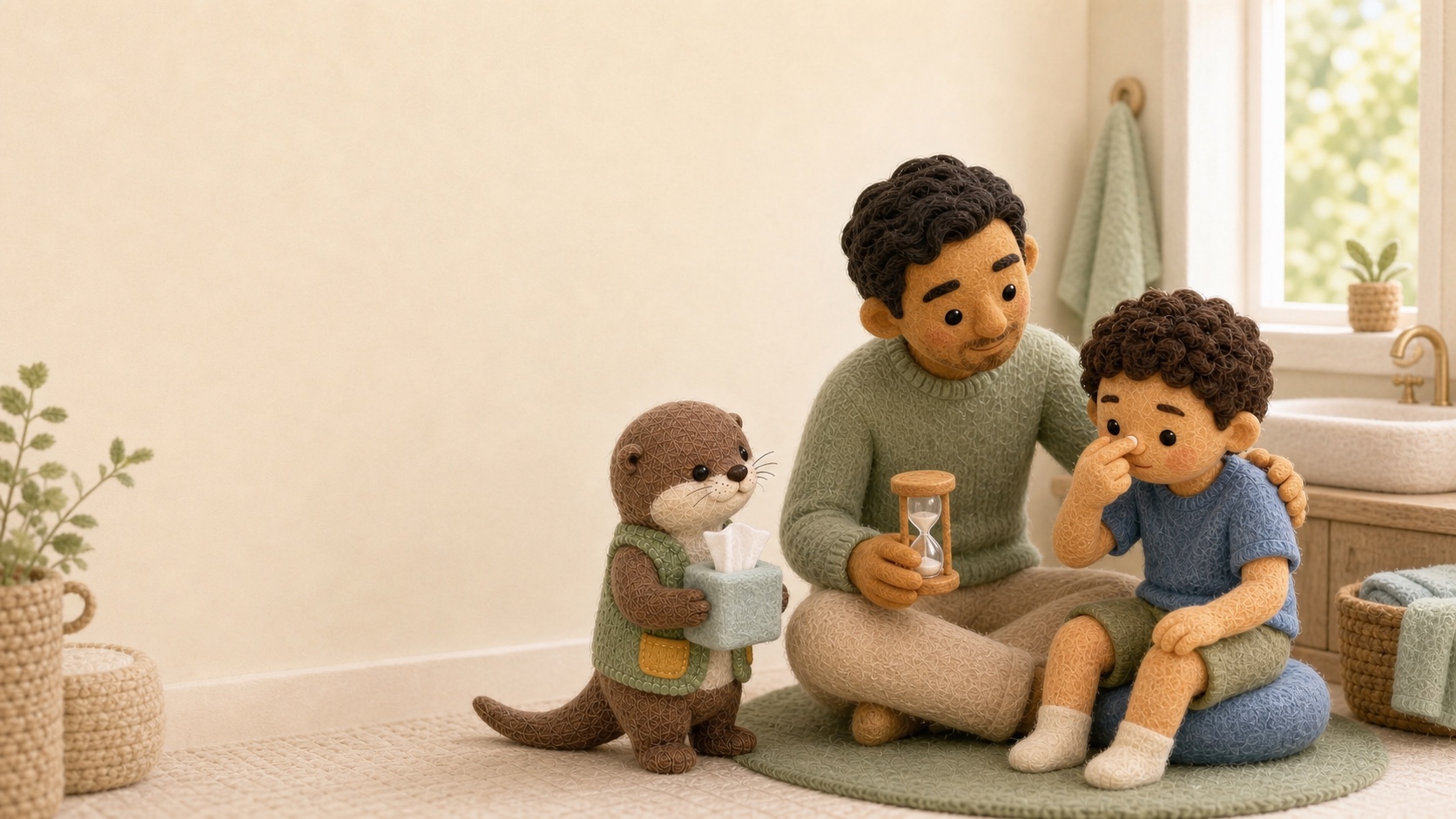 前かがみで小鼻をつまむ子どもを見守る父親とフェルトのカワウソ